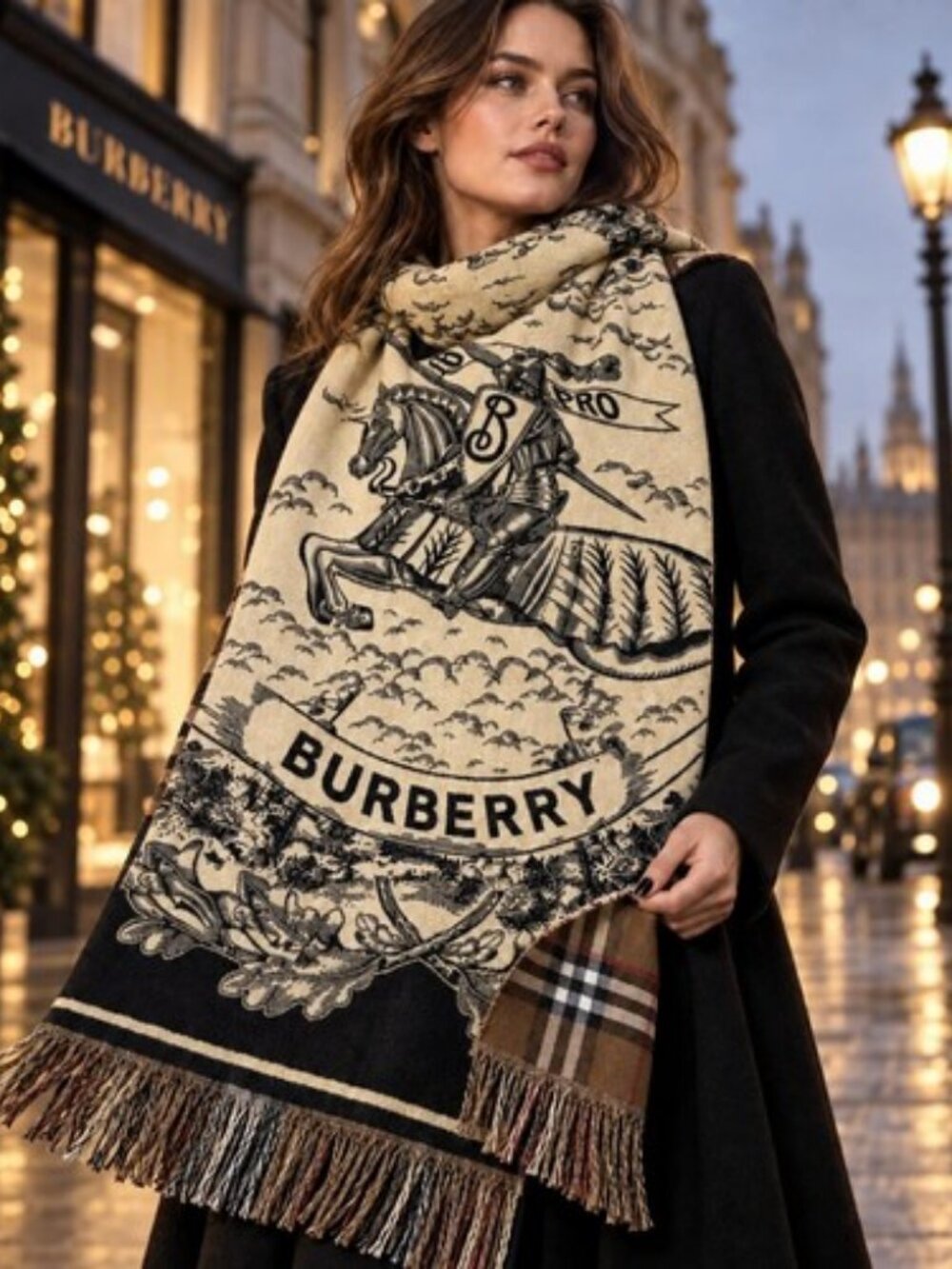 Womens Burberry 100% Cashmere Brown, Black, Tan Plaid/Knight Print Fringe Scarf